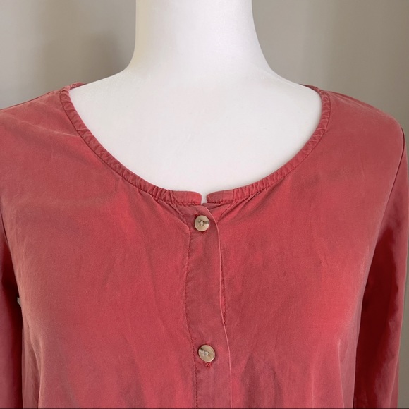 Button Down Coral Blouse with waist Tie and Bell/flare Sleeves - Picture 2 of 11